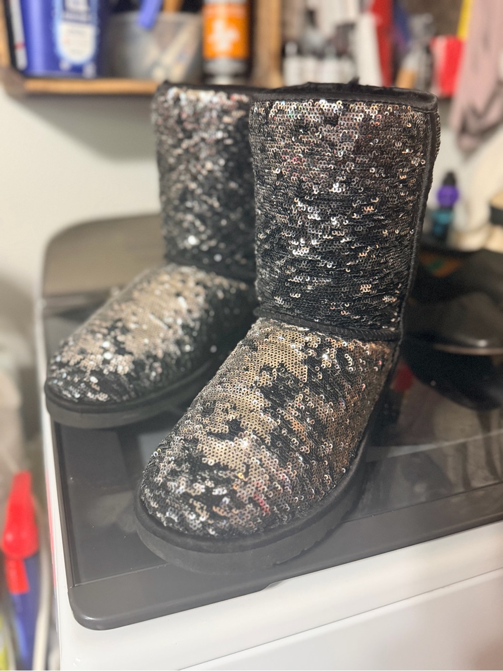 UGG Classic Short Sparkle Sequin Boots Black Silver Sheepskin Women’s